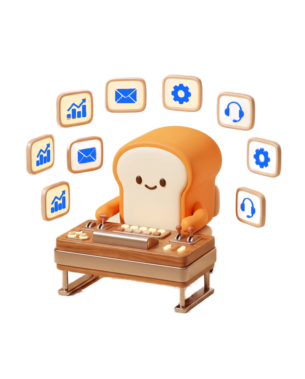 Friendly BreadHead mascot operating a command desk with support icons